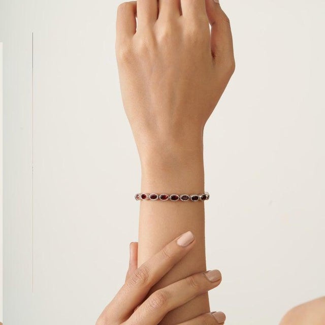 Classic Red Garnet Bezel Set Bracelet in 925 Sterling Silver For Sale - Image 4 of 12