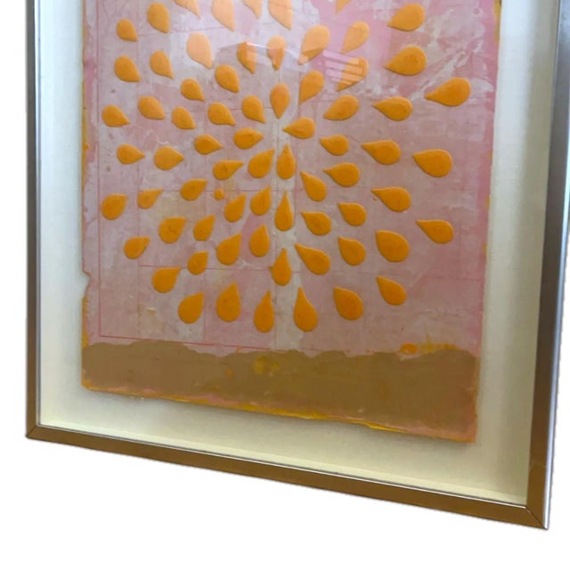 60's Abstract Safron Op Art Acrylic on Bruised Pink Watercolor Paper Chrome Framed Glass For Sale In Palm Springs - Image 6 of 14
