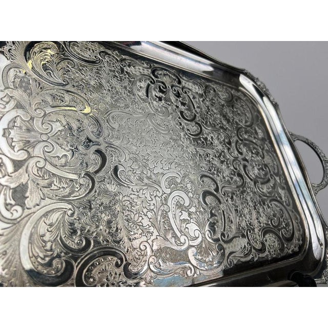 Silver Vintage English Ornate Engraved Metal Twin Handle Tray For Sale - Image 8 of 18