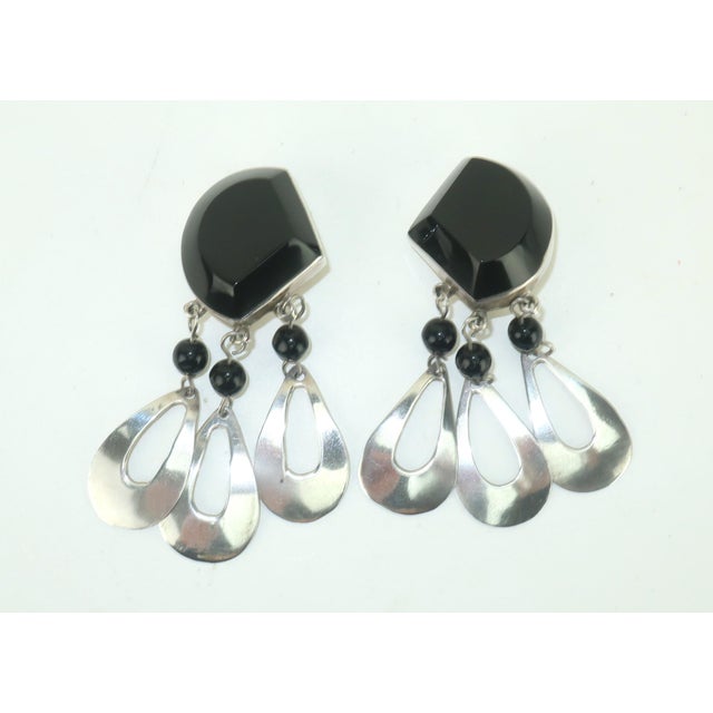 1960s Taxco Mexico Sterling Silver & Black Glass Dangle Earrings, 1960’s, A Pair For Sale - Image 5 of 9
