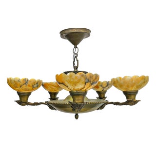 Art Deco Brass and Alabaster Pendant Chandelier, 1930s For Sale