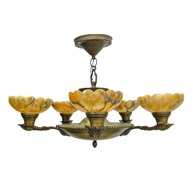 Art Deco Brass and Alabaster Pendant Chandelier, 1930s For Sale