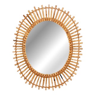 French Riviera Oval Mirror in Bamboo with Rattan and Woven Wicker, Italy, 1960 For Sale
