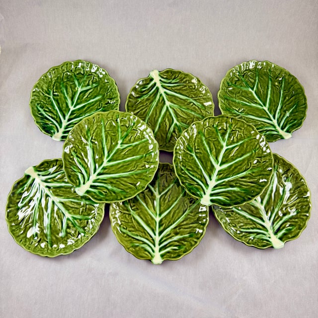 Ceramic Portuguese Belo Olive Green Cabbage Leaf Plates, S/8 – 1930-1950 For Sale - Image 7 of 12
