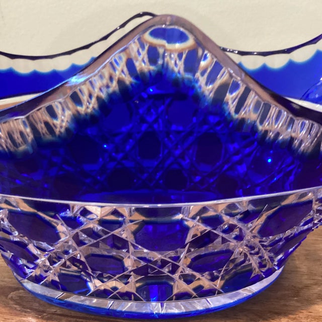 Vintage Limited Edition Cobalt Blue Cut to Clear Bohemian Crystal Centerpiece Basket For Sale In Chicago - Image 6 of 13