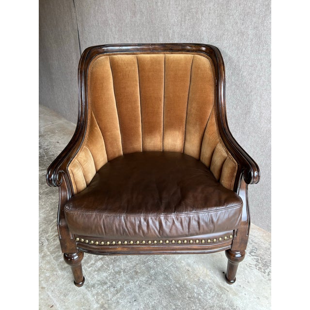 Wood Late 20th Century Fabulous Pair of Leather and Velvet Channel Back Library Club Chairs For Sale - Image 7 of 12