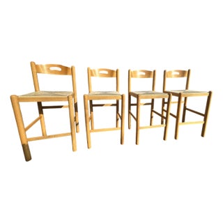 1980s Set of 4 Scandinavian-Style Rush Seat Counter Stools | Blonde Wood & Woven Seats For Sale