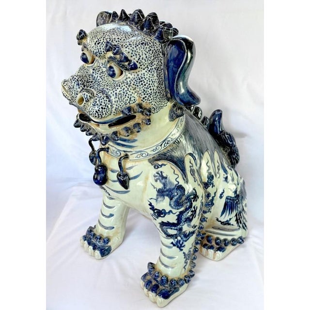 Figurative 24" Nanking Blue White Porcelain Chinese Temple Guardian Lion Foo Dog Sheshi, Canonbury For Sale - Image 3 of 16