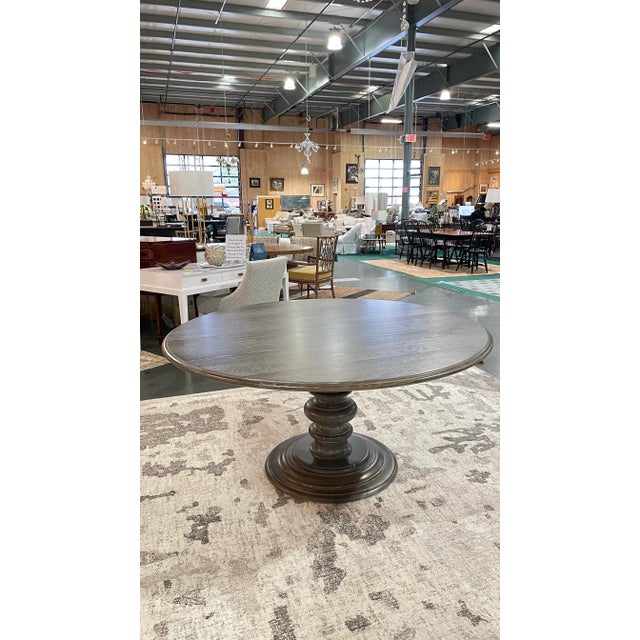 Transitional Bassett Furniture Gray Oak Round Pedestal Dining Set With Six Upholstered Chairs For Sale - Image 3 of 8