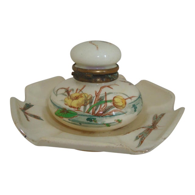 French Majolica Inkwell Dragonfly Insect Aesthetic Movement For Sale