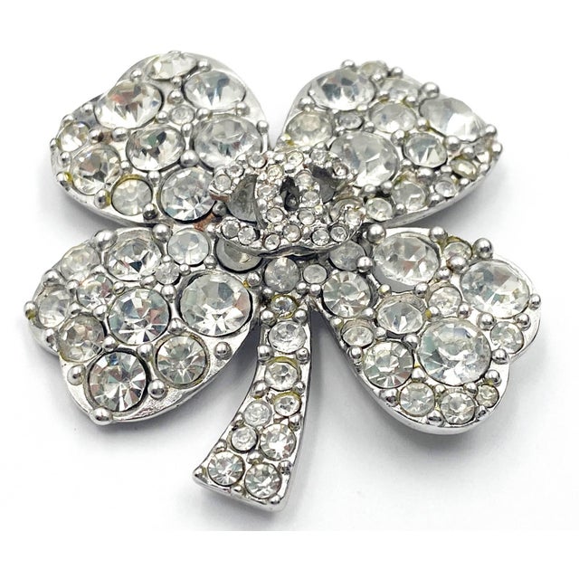Chanel Chanel Silver CC Crystal Clover Leaf Brooch For Sale - Image 4 of 5