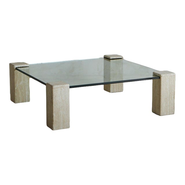 Square Travertine + Glass Coffee Table, Germany 1970s Chairish