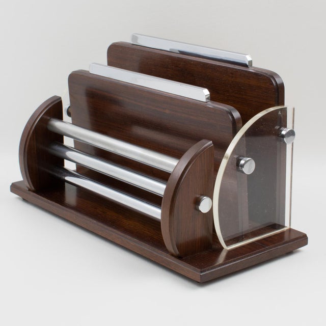 Art Deco Macassar, Chrome and Lucite Desk Accessory Letter Holder, circa 1940 For Sale - Image 3 of 14