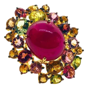 Bochic “Orient” Vintage Natural Ruby, Diamond & Multi Sapphire Ring Set In 18K G