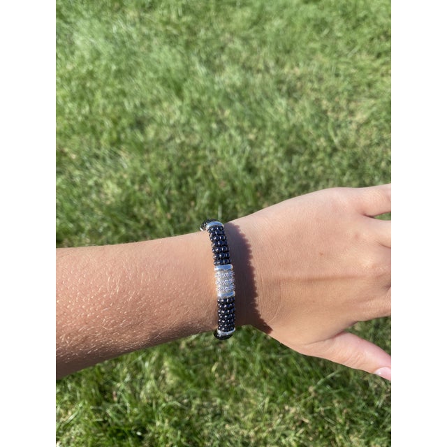 Silver Lagos Caviar .28ctw Diamond & Black Ceramic Bead Bracelet, Sterling Silver For Sale - Image 8 of 8