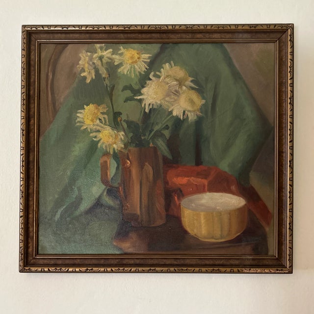 Beautiful rich colors and lovely composition in this floral study. Looks like chrysanthemums in a copper pitcher, next to...