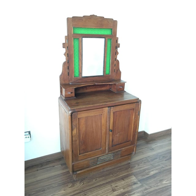 Oak Sideboard, Buffet With Mirror and Original Green Glass For Sale In Miami - Image 6 of 7