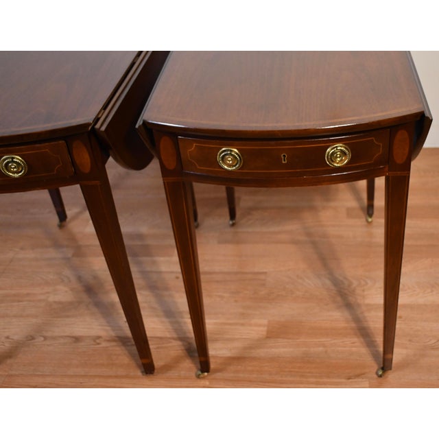 1940s 1940 Pair of Baker Furniture Regency Mahogany Inlaid Pembroke Side / End Tables For Sale - Image 5 of 18