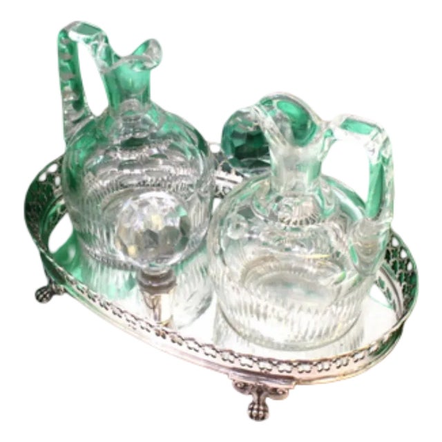 Grid-Shaped Silver and Cut Glass Cruet with Claw-Shaped Feet, Set of 3 For Sale