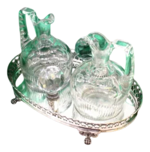 Grid-Shaped Silver and Cut Glass Cruet with Claw-Shaped Feet, Set of 3