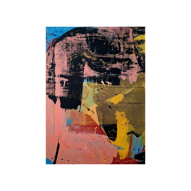 This oil painting captures a dynamic dialogue between color and gesture. Bold strokes of black anchor the composition....