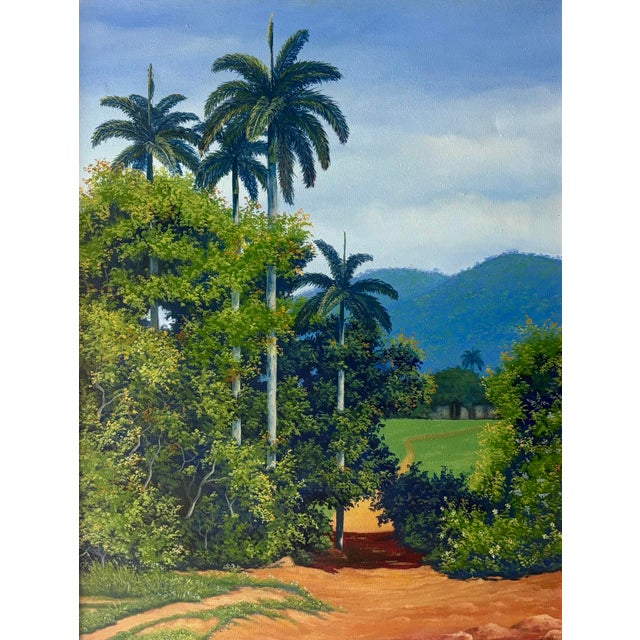A beautifully rendered vintage Caribbean coastal landscape oil painting depicting a lush tropical landscape framed by...