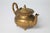 Vintage Middle Eastern etched brass teapot featuring a bulbous body, footed base, and etched palm tree and floral motifs....