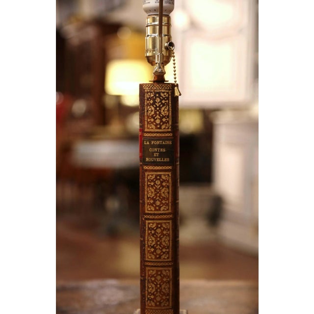 Textile Mid-Century French Leather Faux Book Table Lamp With Shade For Sale - Image 7 of 10