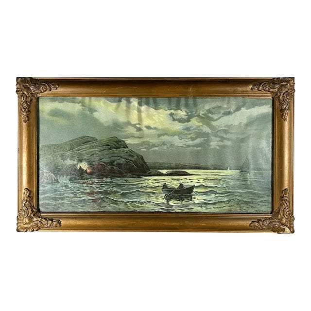 Antique Framed Tonalist Seascape Lithograph: Maritime Art Print For Sale