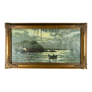 Antique Framed Tonalist Seascape Lithograph: Maritime Art Print