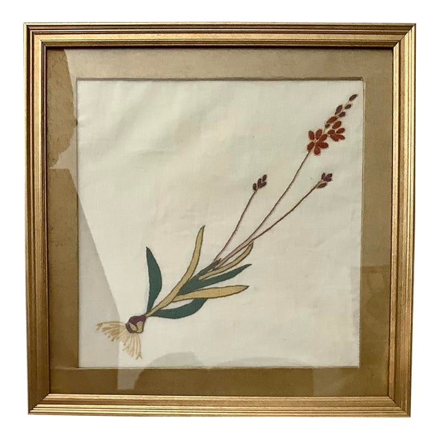Floral Botanical Embroidery on Linen Vintage Artwork For Sale