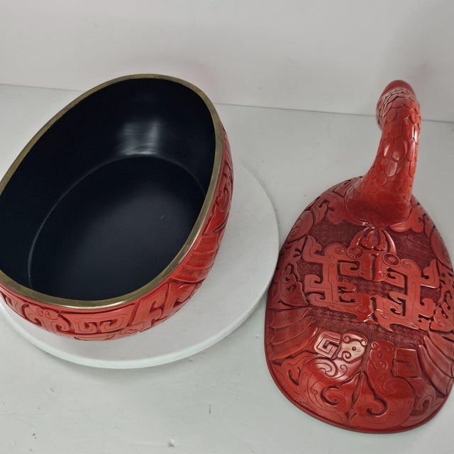 Vintage Red Cinnabar Duck Goose Swan Figure Lidded Box Lacquered For Sale - Image 9 of 9