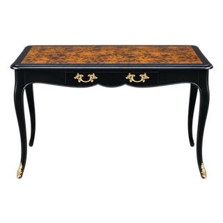 French Louis XIV Style Desk With Gilt Bronze Ormolu & Faux Tortoise Finish For Sale
