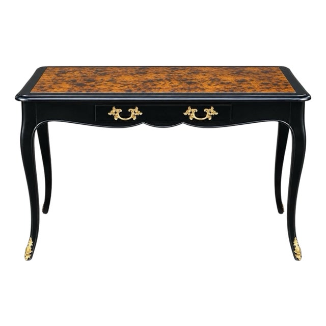 French Louis XIV Style Desk With Gilt Bronze Ormolu & Faux Tortoise Finish For Sale