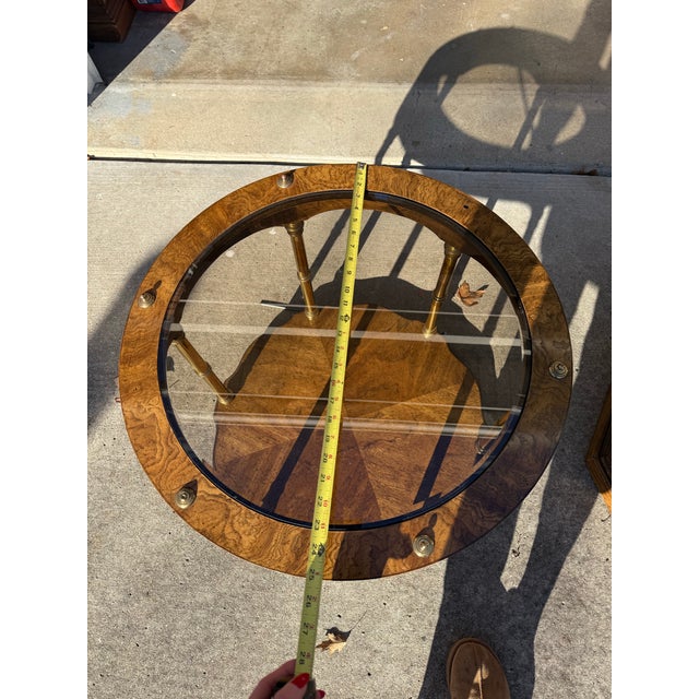 Vintage Burl Wood & Brass Accent Table Pair With Glass Top For Sale - Image 4 of 9