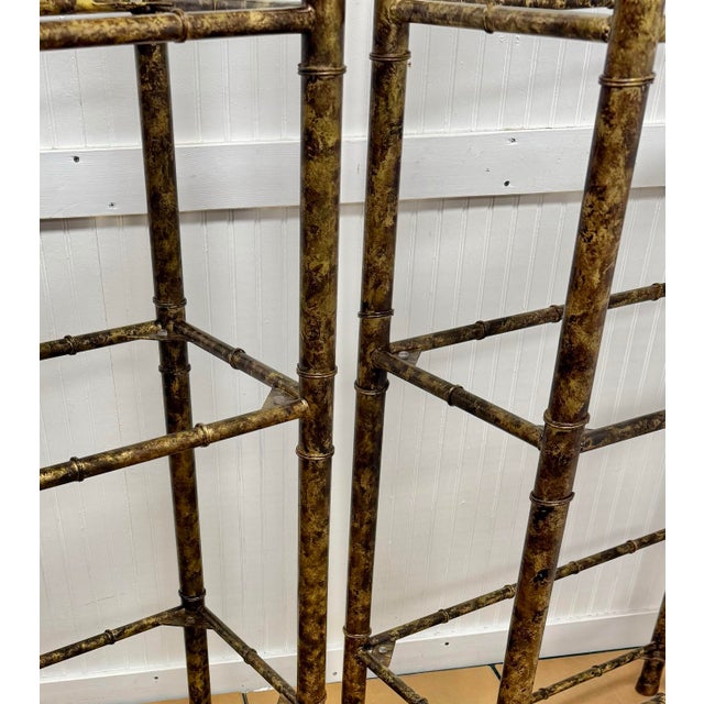 Stunning Pair of Vintage Mid-Century Tole Faux Bamboo Bookcase Etergeres in a Faux Tortoise Shell Finish - Newly Painted For Sale - Image 11 of 12