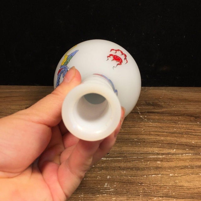 Asian Vintage Painted White Glass Vase With Double Dragon Chasing Pearl Motif For Sale - Image 3 of 9
