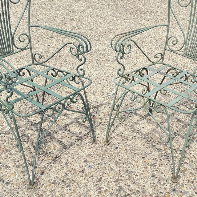 Vintage Neoclassical Style Green Wrought Iron Lyre Harp Garden Chairs - Set of 4 For Sale - Image 4 of 12