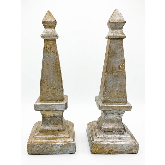 Wood Pair Vintage Carved Lightweight Wooden Obelisks – 13.25” Architectural Accents From Indonesia - Neoclassical & Palm Beach Chic. See Pics! For Sale - Image 7 of 9