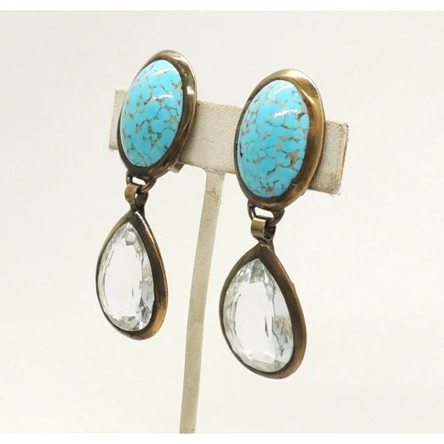 Modern Vintage Signed Pellini Italy Faux-Turquoise Clear Rhinestone Drop Clip Earrings For Sale - Image 3 of 7