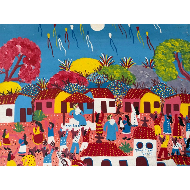 1990s Vintage “Templo San Pedro” Folk Art Oil on Canvas Painting, Signed A. R. Dalma, Wood Framed For Sale - Image 5 of 12