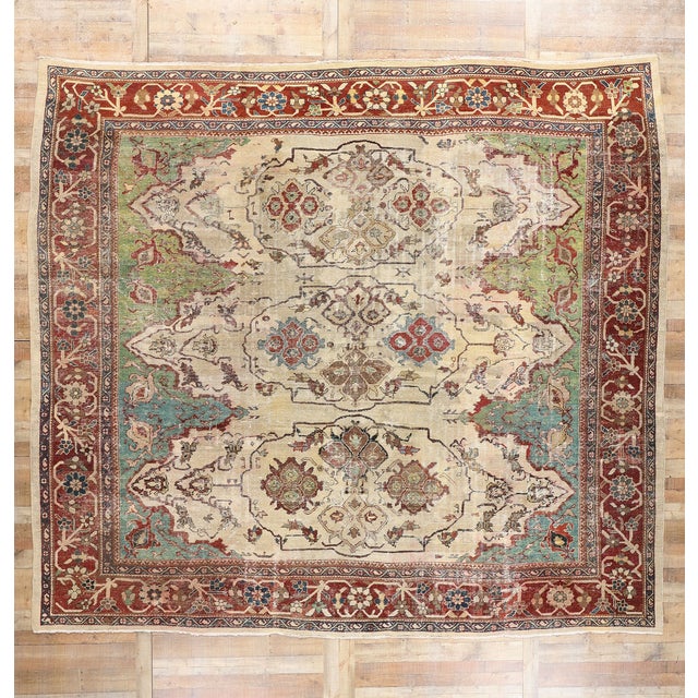 Distressed Antique Persian Sultanabad Rug - 13'08 X 12'05 For Sale - Image 9 of 9