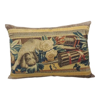 Antique Blue and Red Aubusson Tapestry Decorative Pillow For Sale
