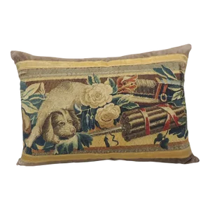 Antique Blue and Red Aubusson Tapestry Decorative Pillow