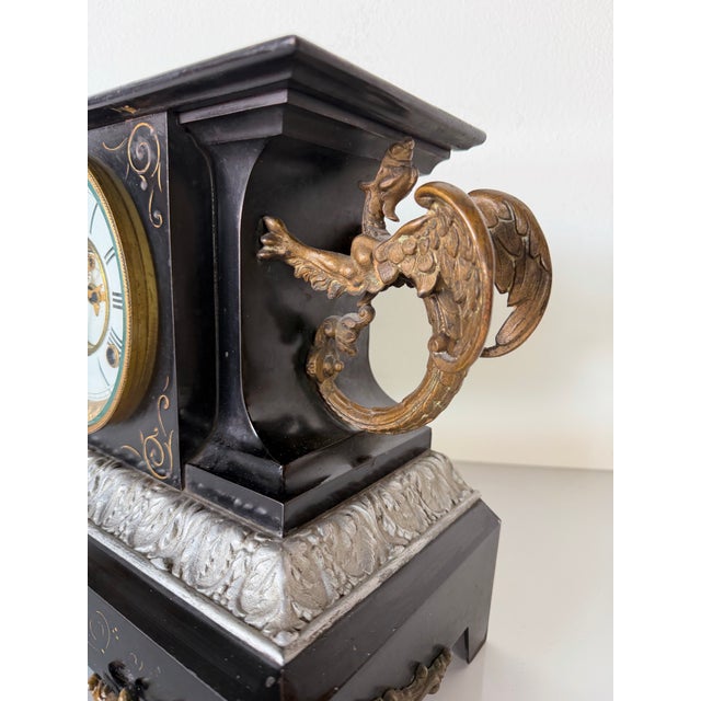 Metal Antique Ansonia “Belgium” Mantel Clock With Gargoyle Mounts, Claw Feet & Original Key For Sale - Image 7 of 17
