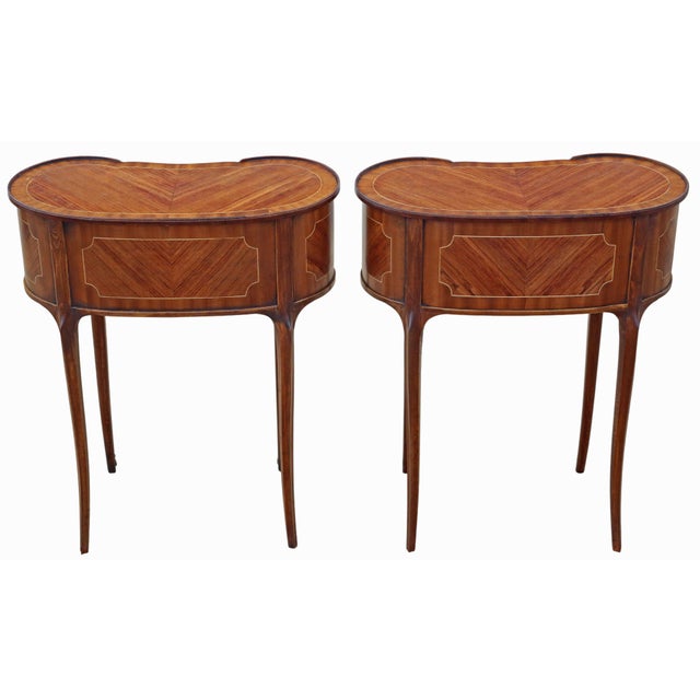 Wood Vintage Kidney-Shaped Inlaid Veneer Bedside Tables, 1925, Set of 2 For Sale - Image 7 of 12