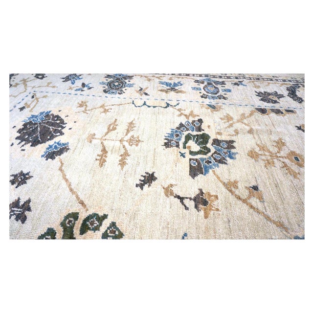 Ivory 21st Century Turkish Oushak Wool 9x13 Ivory, Olive & Blue Handmade Area Rug #1140406 For Sale - Image 8 of 9