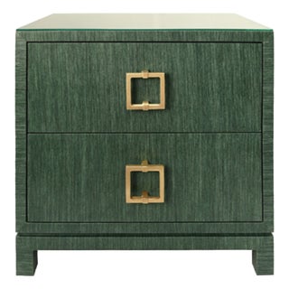 Matthew Izzo Home Cole Green Dyed Grasscloth Two Drawer Side Table/Nightstand With Glass Top and Large Square Brass Handle For Sale