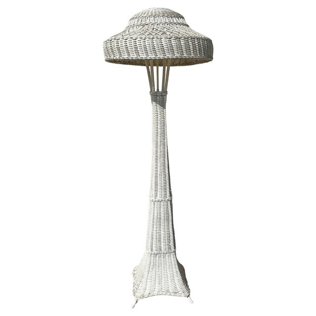 Postmodern 1940s Postmodern Shabby Chic White Wicker Tropical Splay Foot Base Floor Lamp W/ Shade For Sale - Image 3 of 8