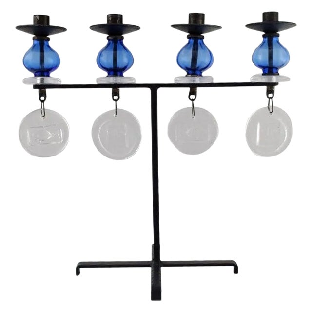 Large Candle Holder in Cast Iron with Art Glass by Erik Höglund for Kosta Boda For Sale